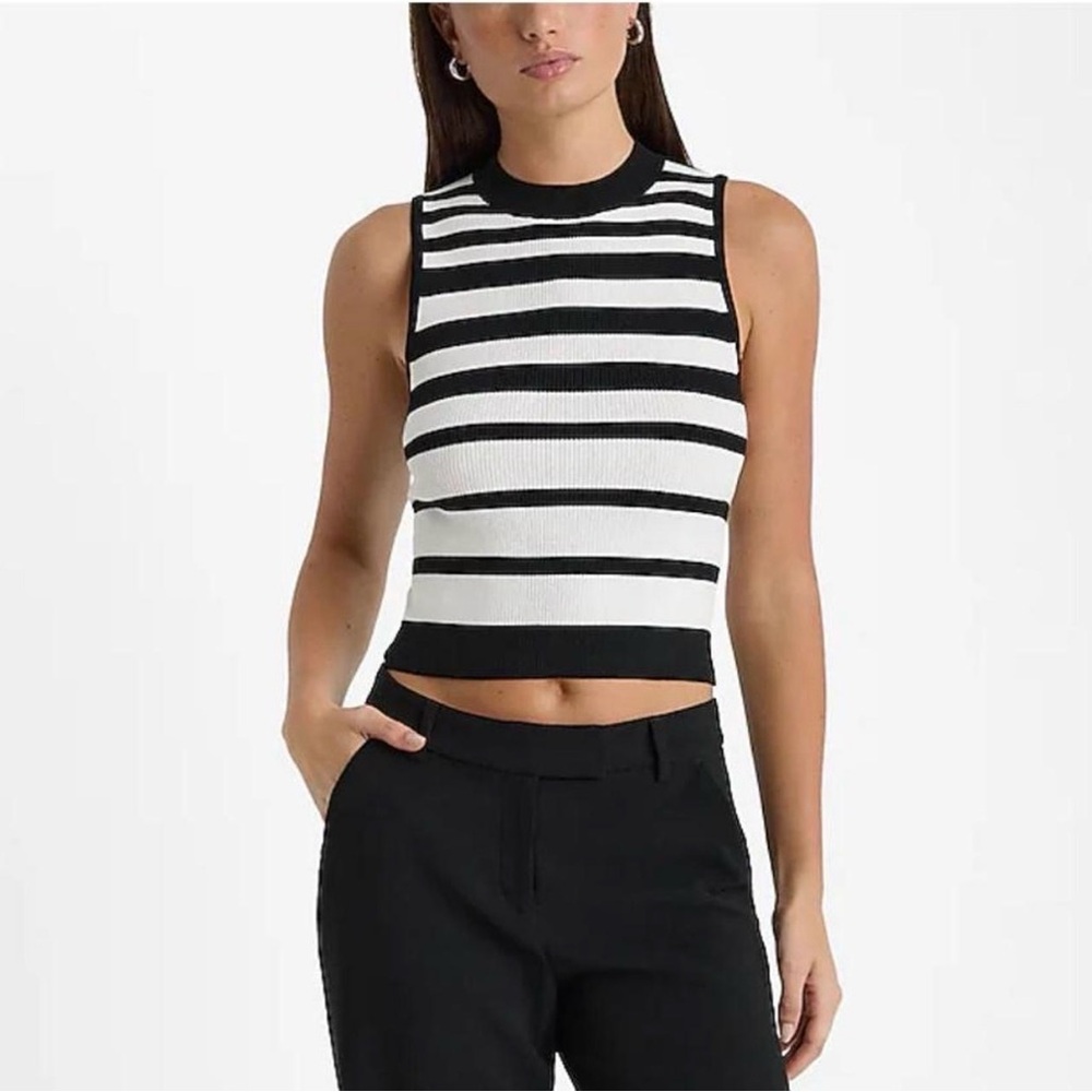 Express NWT Black and White Fitted Ribbed Striped High Neck Sweater Tank